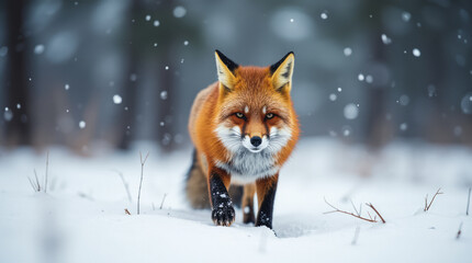 Wild Red Fox Quietly Stalking Its Prey in a Snow-Covered Forest, Its Fiery Orange Fur a Stunning Contrast Against the Winter Landscape