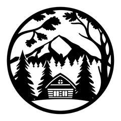 Mountain Cabin Winter Scene in a Circular Black and White Design
