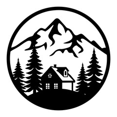 Mountain Cabin Winter Scene in a Circular Frame Black and White Illustration