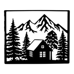Obraz premium Mountain Cabin Scene Black and White Graphic Illustration of a Cozy House in the Woods with Majestic Peaks