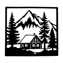 Mountain Cabin Winter Scene Black and White Illustration Graphic Art