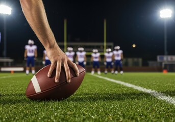 Hand placing a football on the field with players and goalposts visible under the stadium lights at night