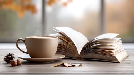Enjoying cozy coffee moment book indoors in relaxing environment captured from warm viewpoint