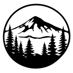 Majestic Mountain Peak and Evergreen Forest Scenic View in a Circular Design