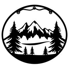 Obraz premium Majestic Mountain Landscape with Evergreen Trees in a Circular Frame