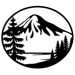 Majestic Mountain Landscape Scenic View with Pine Trees and Lake in a Circular Design