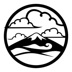 Serene Mountain Landscape in a Circular Frame Black and White Graphic Design Illustration