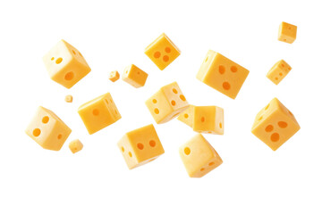 Cheese cubes with holes levitating in air on white background. PNG