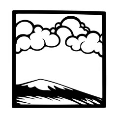 Simple Black and White Drawing of a Landscape with Clouds and Mountains
