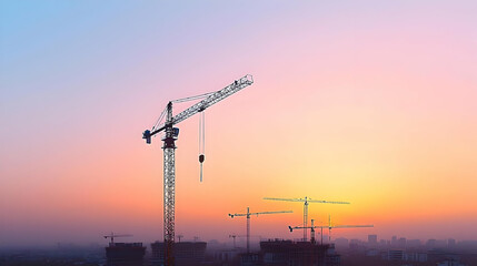 Naklejka premium Construction Crane Silhouette At Colorful Sunset Over Cityscape
