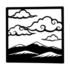 Stylized Black and White Mountain Landscape with Swirling Clouds