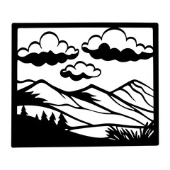 A Stunning Black and White Illustration of a Mountain Landscape with Clouds