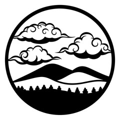 Serene Mountain Landscape with Swirling Clouds and Silhouetted Trees in a Circular Frame