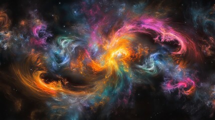 A space nebula is depicted in a 4k illustration with a colored background and futuristic space elements on a black wallpaper filled with stars