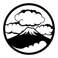 Majestic Mount Fuji Peak Encircled by Fluffy Clouds in a Simple Black and White Illustration