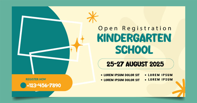 Colorful Kindergarten Registration Design for 2025 Event with Abstract Graphics and Contact Information for Educational Flyers and Announcements