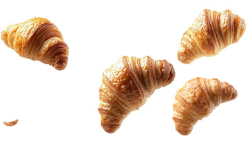Golden Croissants Falling Delicious Bakery Treats isolated on transparent background