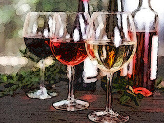 Three wine glasses filled with red, rosé, and white wine stand on a table, accompanied by wine bottles in the background.