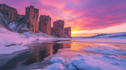 A breathtaking winter sunset paints the ancient stone cliffs with vibrant hues, reflecting in the icy river's tranquil surface.
