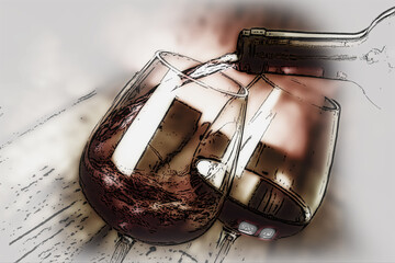 Two wine glasses being filled, likely with red wine, from a bottle tilted over one glass. The glasses have a curved shape with a wide bowl, sitting on a wooden surface.