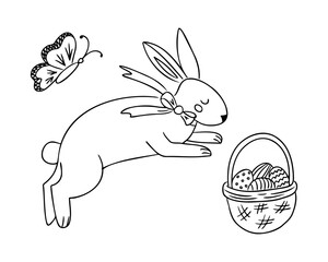 Easter bunny with bow tie jumping toward basket of eggs while butterfly flies nearby. Symbol of spring celebration, joy and holiday tradition