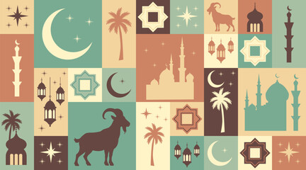 Islamic festive banner with mosque, crescent moon, lanterns, stars, goat and palm tree icons. Celebrates Eid al-Adha traditions, spirituality, culture and religious symbolism
