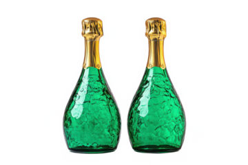 Two green bottles with gold tops against a dark plain backdrop