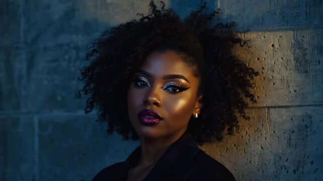 She owns the look, curly hair, undercut, and vibrant makeup come together in a statement of self-expression.


