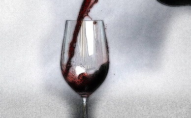 A stream of red wine pours into an elegant, clear wine glass, capturing the moment the liquid swirls and splashes within. 