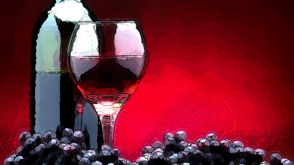 A stylized image depicts a bottle of wine next to a filled wine glass. In the foreground, dark purple grapes are scattered, adding texture and depth.