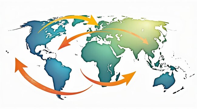 Fototapeta A colorful world map with arrows indicating global movement or connections across continents.
