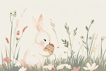 Obraz premium Whimsical rabbit with decorated egg in floral meadow