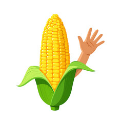 Obraz premium A cheerful corn cob with an arm reaching out, a fun and friendly cartoon illustration on black.
