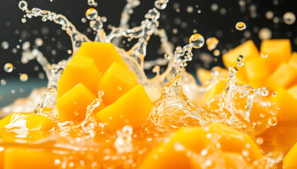 Fresh Mango Cubes Splashing in Water – High-Resolution Fruit Photography