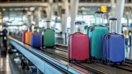 Colorful suitcases on airport baggage claim; travel, departure