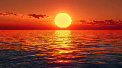 Obraz premium Bright orange sunset reflecting on calm ocean waters with gentle clouds. Generated by AI