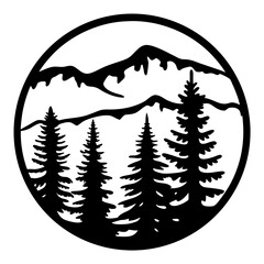 Majestic Mountain Landscape with Evergreen Trees in a Circular Design