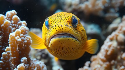 Obraz premium Yellow fish portrait, coral reef background, underwater scene, nature photography