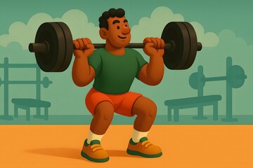 3D cartoon man lifting a heavy barbell while squatting at the gym. Fitness-themed digital illustration with a fun, colorful, and motivational style. Strength and workout concept.

