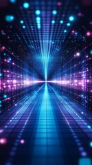 A futuristic 80s-inspired retrowave poster design featuring a digital blue and purple glow cyberspace with laser neon grid floor perspective and abstract terrain landscape in 3D synthwave style