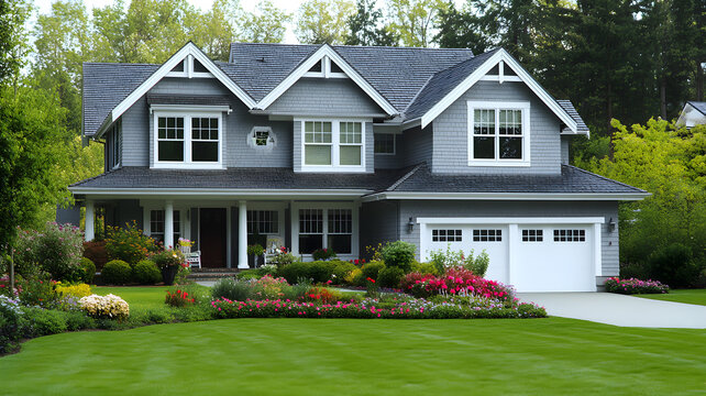 Beautiful home exterior with manicured lawn ultra HD photo