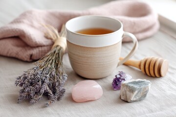 Herbal tea, lavender, crystals and honey dipper creating a relaxing atmosphere