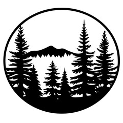 Majestic Mountain Silhouette with Evergreen Forest in Circular Design