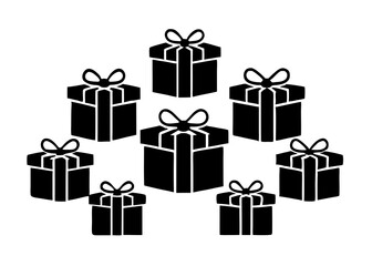 Fototapeta premium Black Gift Box Silhouettes Collection – Present Icon Set with Bows for Celebration, Holiday, and Festive Design Projects