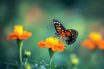 Obraz premium Butterfly resting on an orange flower in a green garden high resolution photo