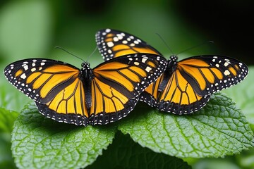 Fototapeta premium Two monarch butterflies rest on a vibrant green leaf