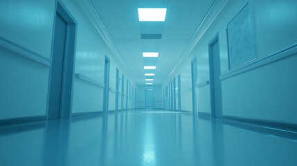 Long Hospital Corridor: Sterile, Calm, and Blue-Toned Interior