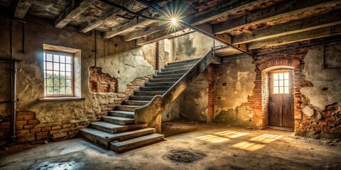 Fototapeta premium Sunlit Staircase in a Derelict Building with Exposed Brick and Plaster