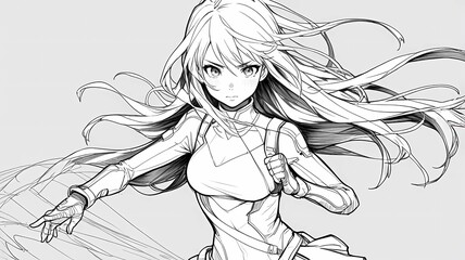 Fototapeta premium Anime girl with long flowing hair in action pose black and white illustration