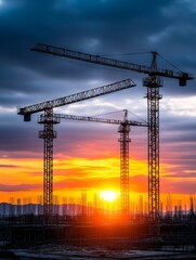 Sunset Construction Cranes Silhouette - Construction site at sunset, three cranes silhouette against vibrant sky, symbolizing progress, industry, development, ambition, and growth